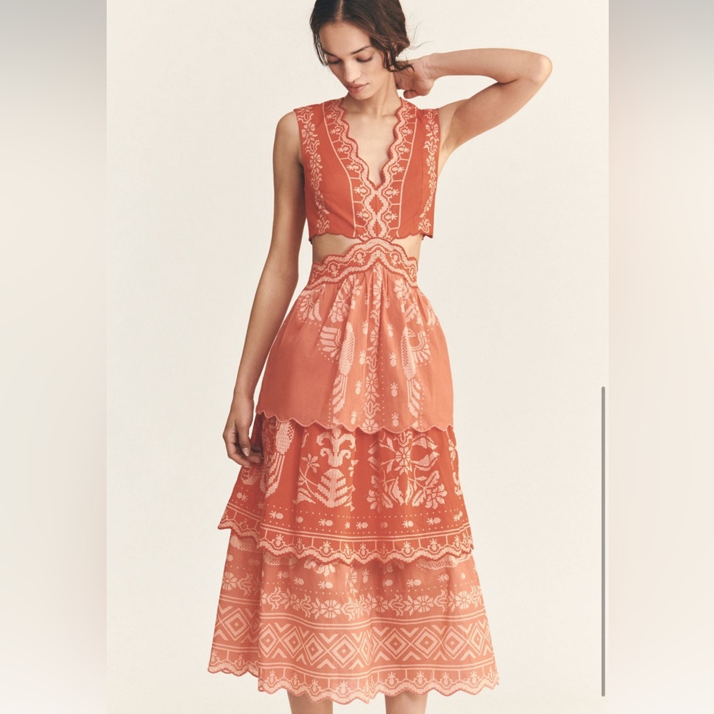 FARM Rio Eyelet Tiered Ruffle Midi Dress